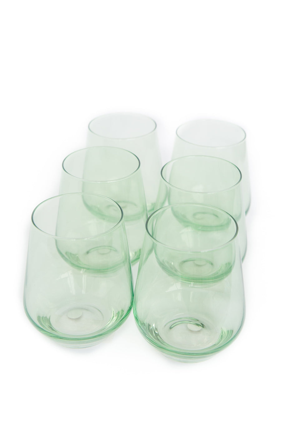 Elegant mint green stemless wine glasses perfect for stylish entertaining and modern table settings.