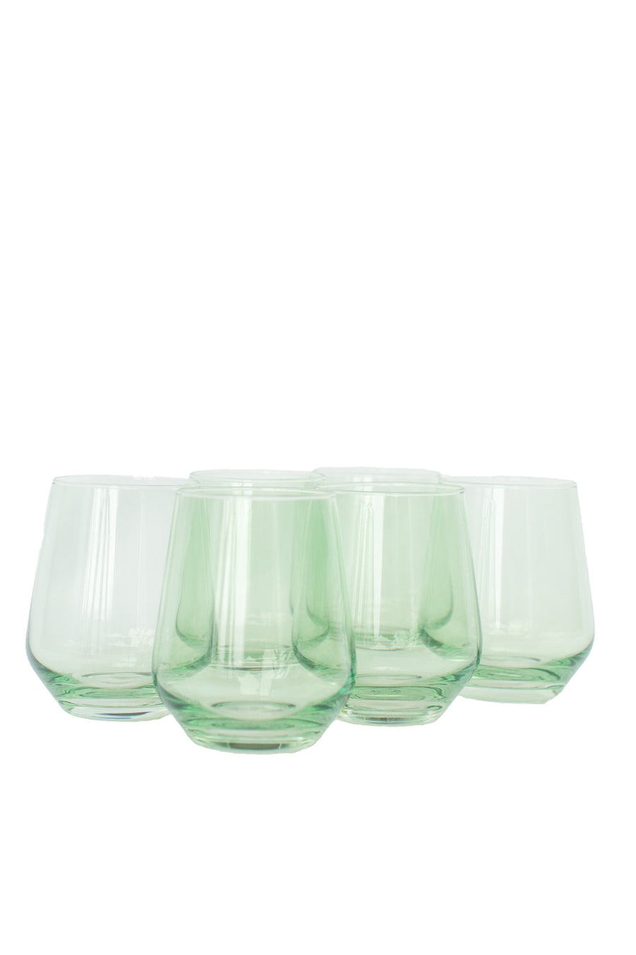 Elegant mint green stemless wine glasses perfect for stylish entertaining and modern table settings.